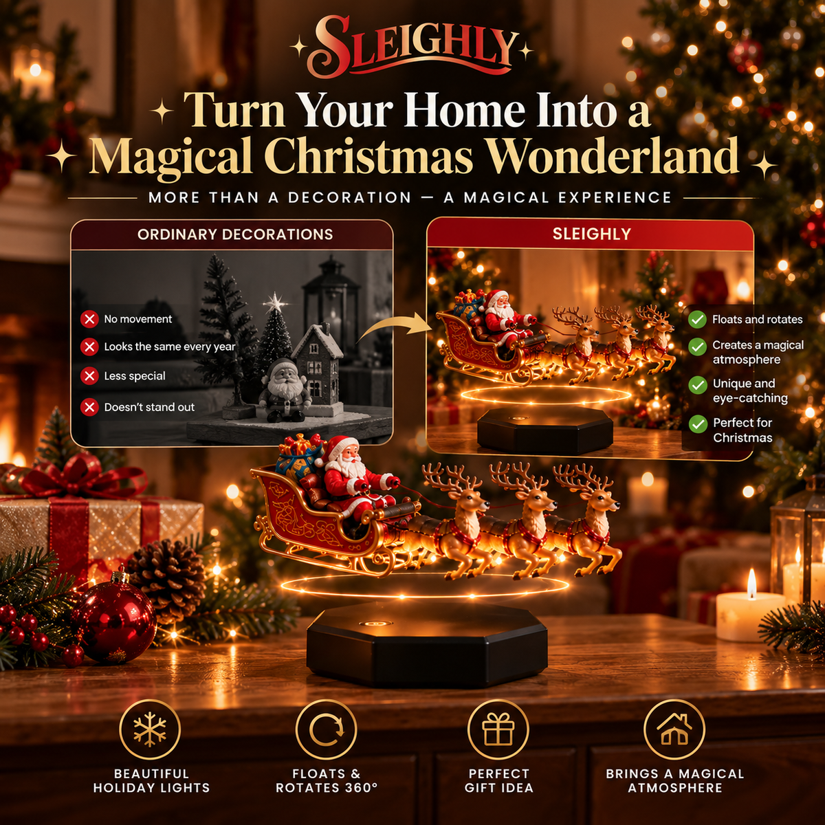 Floating Santa sleigh with three reindeer on a wooden table in a cozy Christmas living room