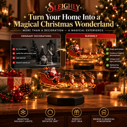 Floating Santa sleigh with three reindeer on a wooden table in a cozy Christmas living room